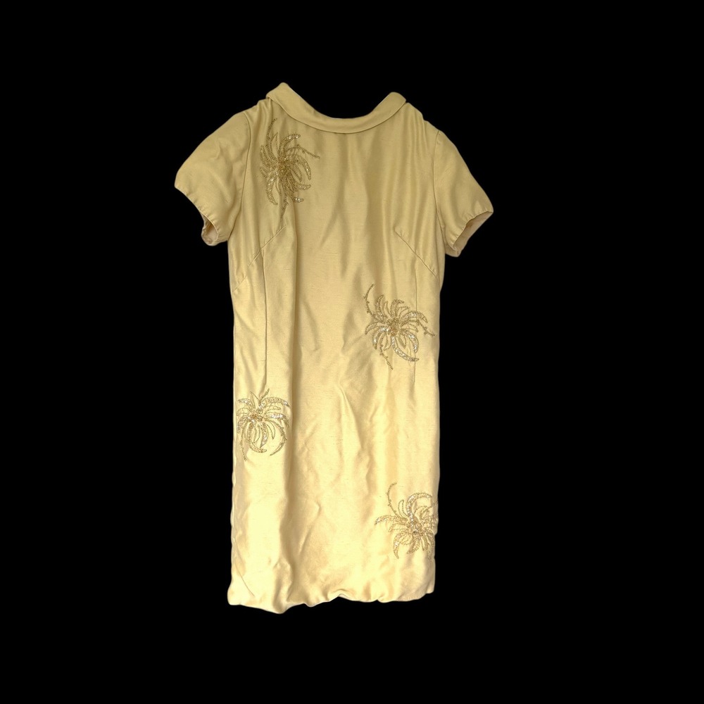 Vintage 60's Yellow Beaded Silk Shift Dress Gold Sequin Floral Mid Century